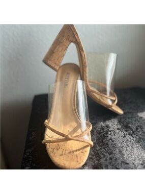 Clear Strap Cork Block Heel Sandals - Neutral Tan SIZE 9